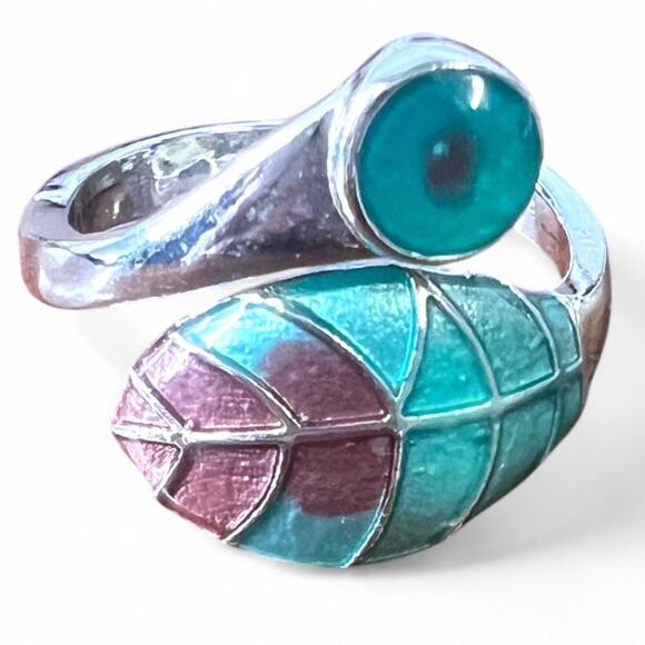 Ring Native American Zuni silver inlay Teal Resin Filled Wrap around Leaf Size 6 - Picture 1 of 4